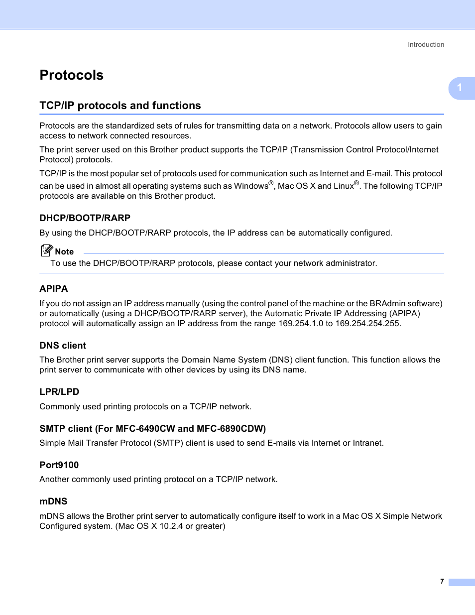 Protocols, Tcp/ip protocols and functions, Dhcp/bootp/rarp | Apipa, Dns client, Lpr/lpd, Smtp client (for mfc-6490cw and mfc-6890cdw), Port9100, Mdns | Brother MFC-5895CW User Manual | Page 17 / 209