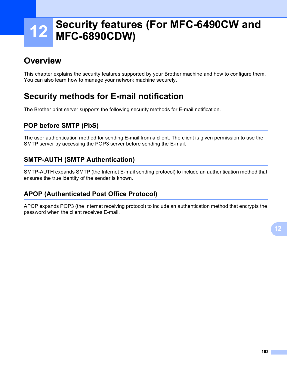 Overview, Security methods for e-mail notification, Pop before smtp (pbs) | Smtp-auth (smtp authentication), Apop (authenticated post office protocol), Security features (for mfc-6490cw and mfc-6890cdw), Overview security methods for e-mail notification | Brother MFC-5895CW User Manual | Page 172 / 209