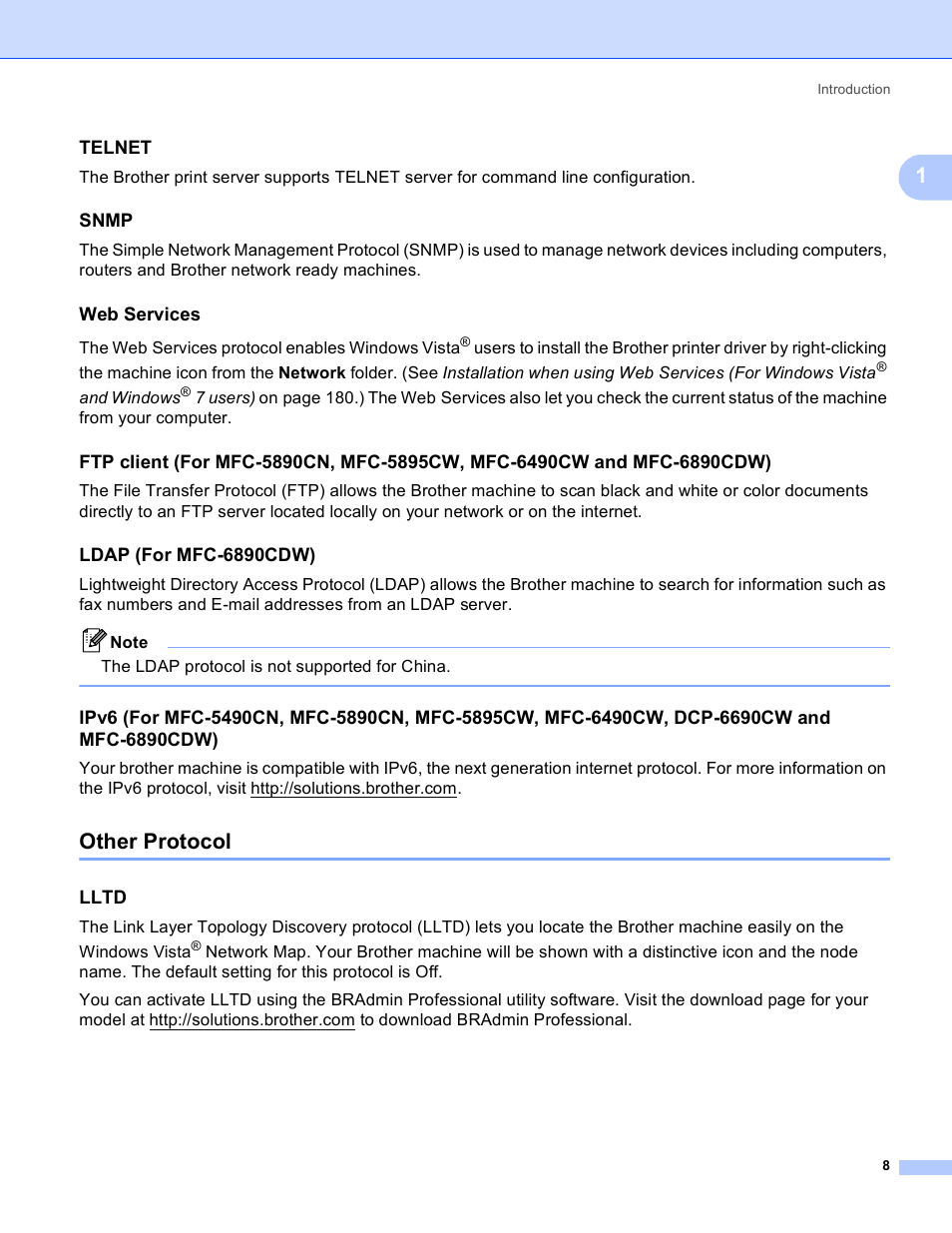 Telnet, Snmp, Web services | Ldap (for mfc-6890cdw), Other protocol, Lltd | Brother MFC-5895CW User Manual | Page 18 / 209