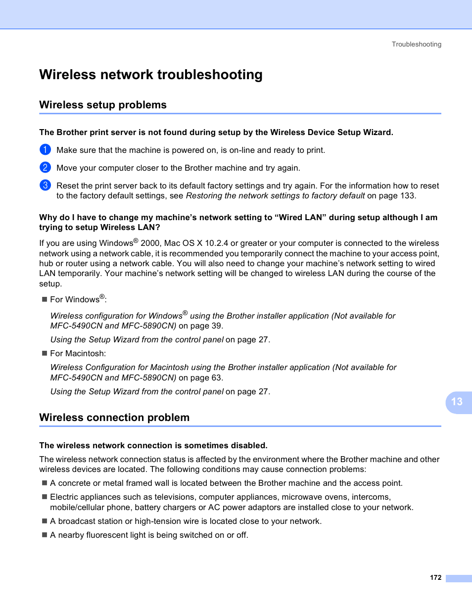 Wireless network troubleshooting, Wireless setup problems, Wireless connection problem | Wireless | Brother MFC-5895CW User Manual | Page 182 / 209