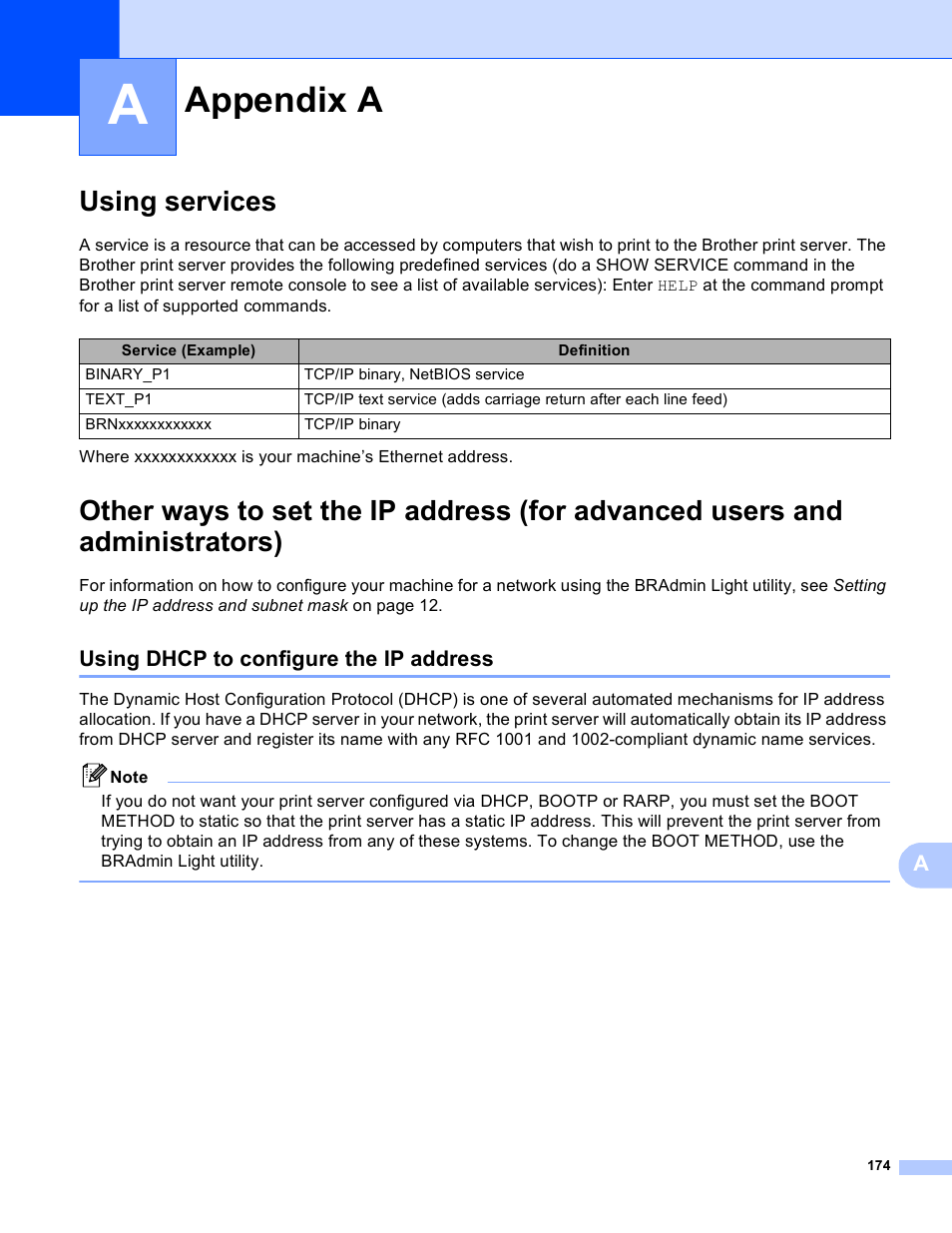 Appendix a, Using services, Using dhcp to configure the ip address | Brother MFC-5895CW User Manual | Page 184 / 209