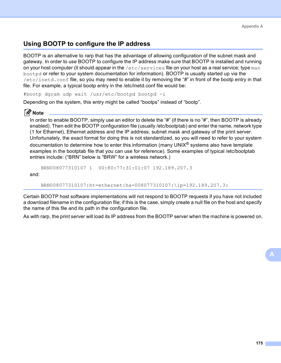 Using bootp to configure the ip address, Ausing bootp to configure the ip address | Brother MFC-5895CW User Manual | Page 185 / 209