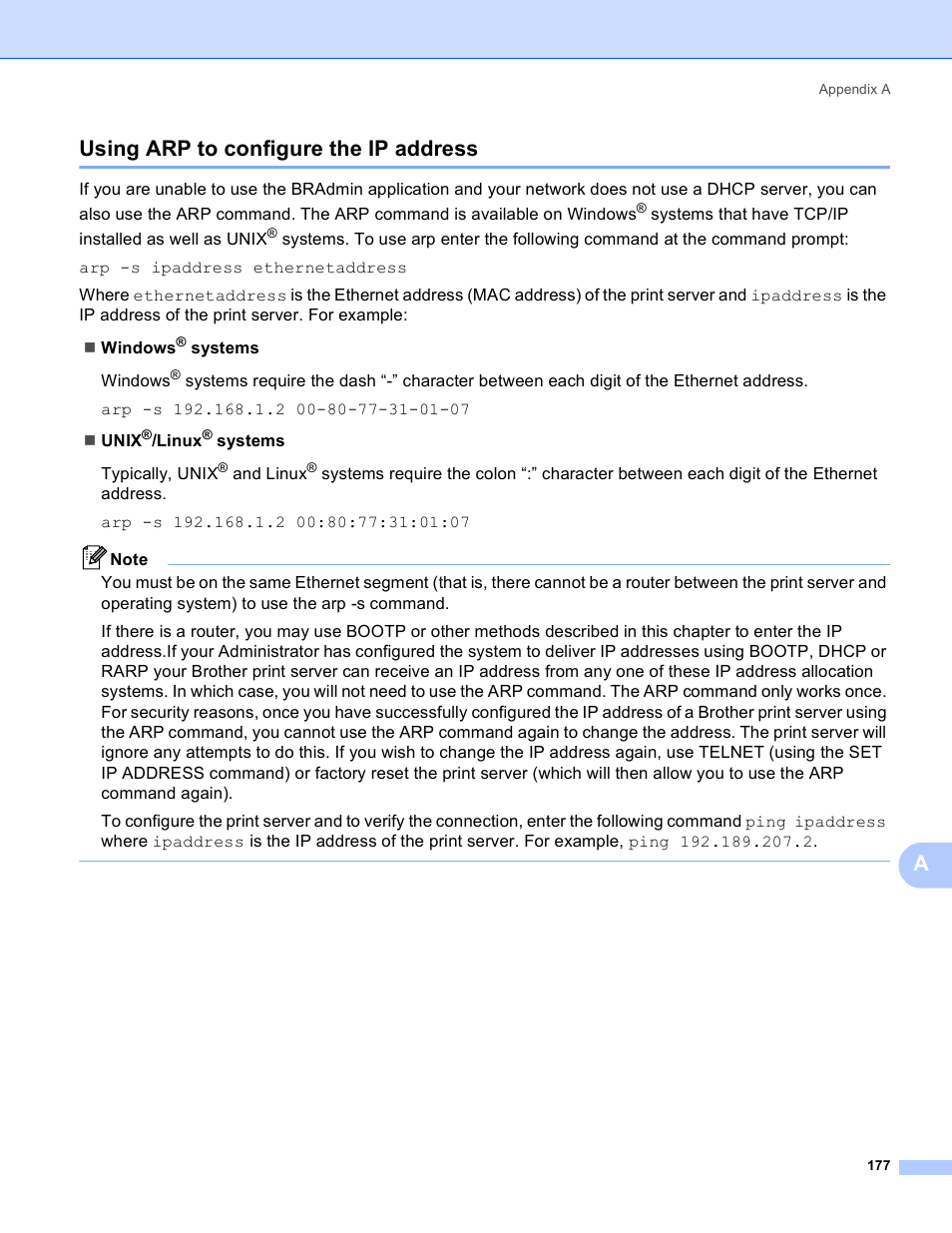 Using arp to configure the ip address, Ausing arp to configure the ip address | Brother MFC-5895CW User Manual | Page 187 / 209