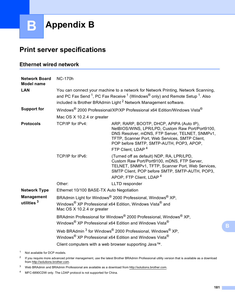 Appendix b, Print server specifications, Ethernet wired network | Brother MFC-5895CW User Manual | Page 191 / 209