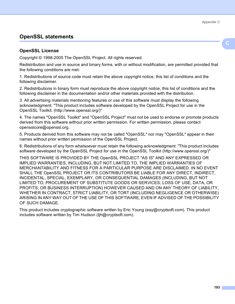 Openssl statements, Openssl license, Copenssl statements | Brother MFC-5895CW User Manual | Page 203 / 209