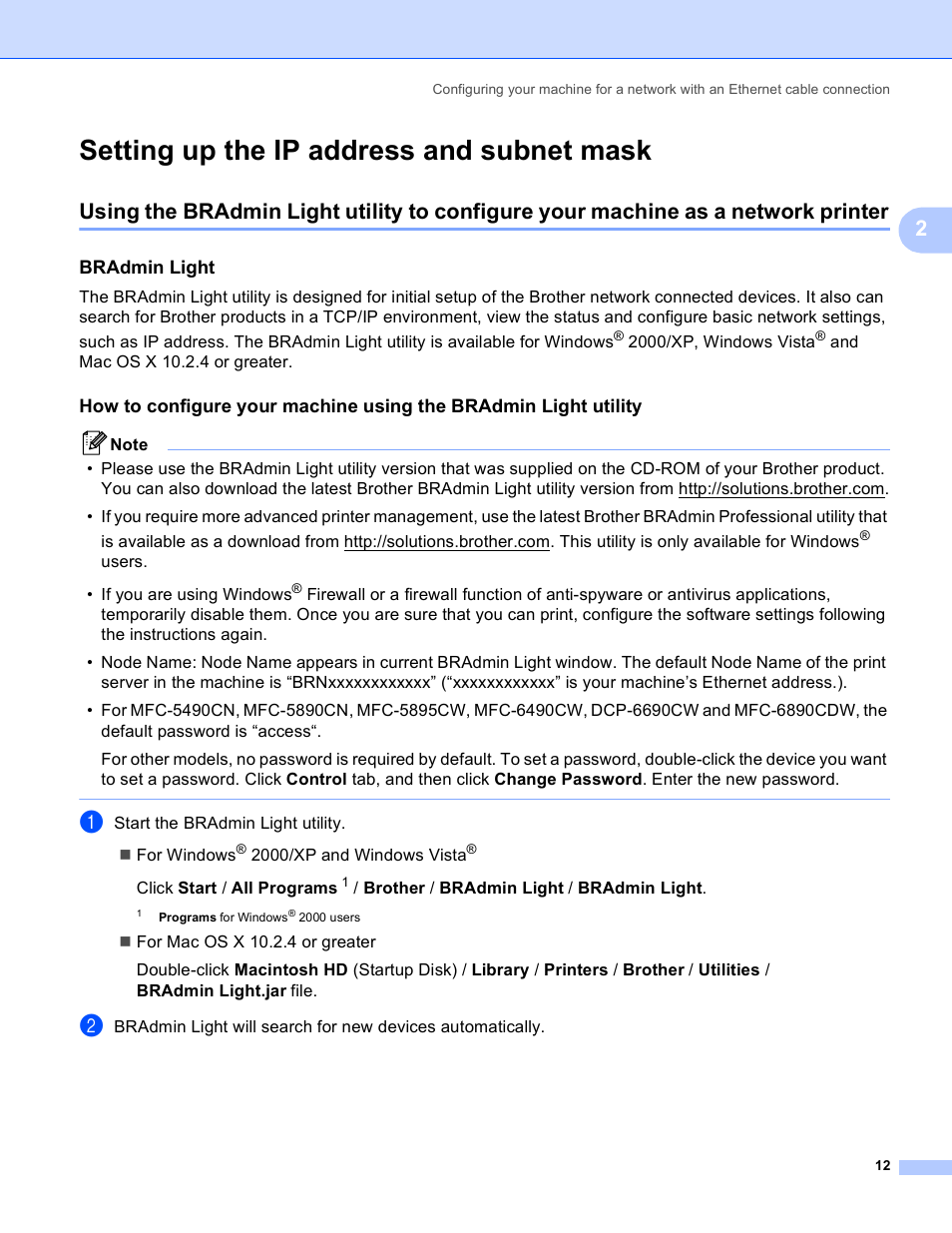 Setting up the ip address and subnet mask, Bradmin light | Brother MFC-5895CW User Manual | Page 22 / 209