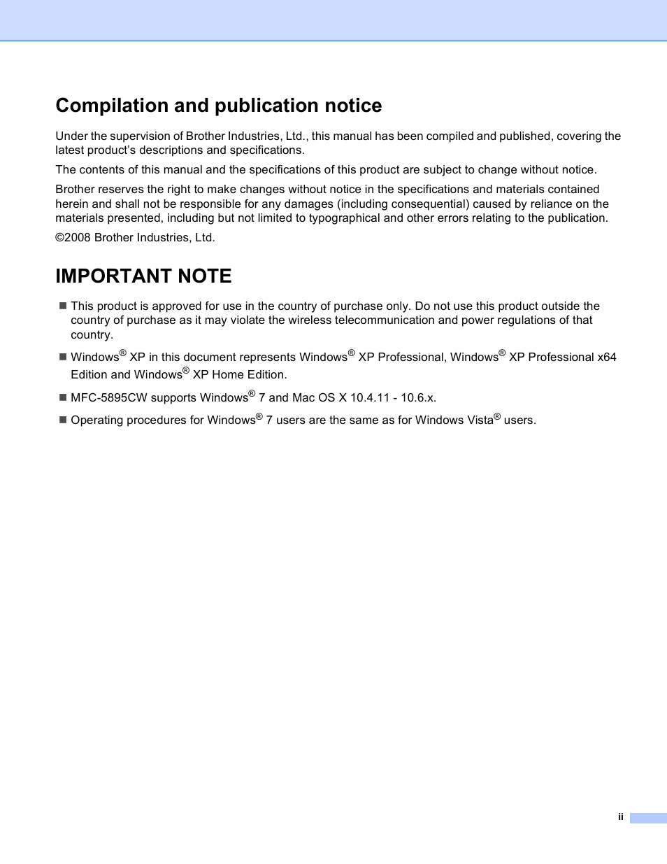 Compilation and publication notice | Brother MFC-5895CW User Manual | Page 3 / 209