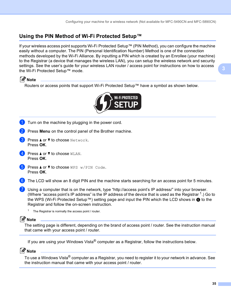 Using the pin method of wi-fi protected setup, 3using the pin method of wi-fi protected setup | Brother MFC-5895CW User Manual | Page 45 / 209
