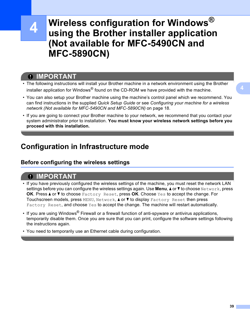 Configuration in infrastructure mode, Before configuring the wireless settings, Wireless configuration for windows | Using the brother installer application, Not available for mfc-5490cn and mfc-5890cn), Important | Brother MFC-5895CW User Manual | Page 49 / 209