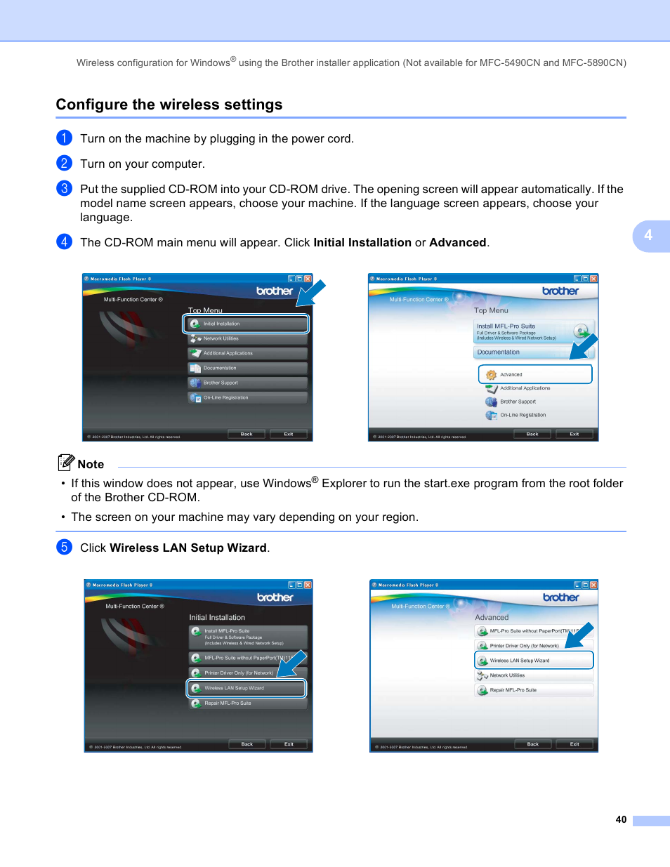Configure the wireless settings, 4configure the wireless settings | Brother MFC-5895CW User Manual | Page 50 / 209
