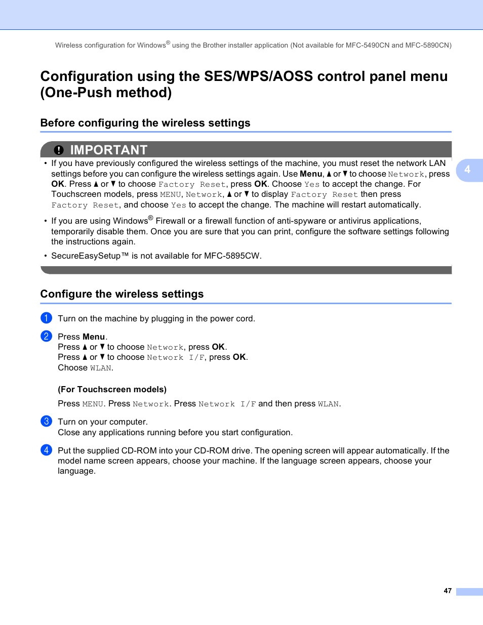 Before configuring the wireless settings, Configure the wireless settings, Important | Brother MFC-5895CW User Manual | Page 57 / 209