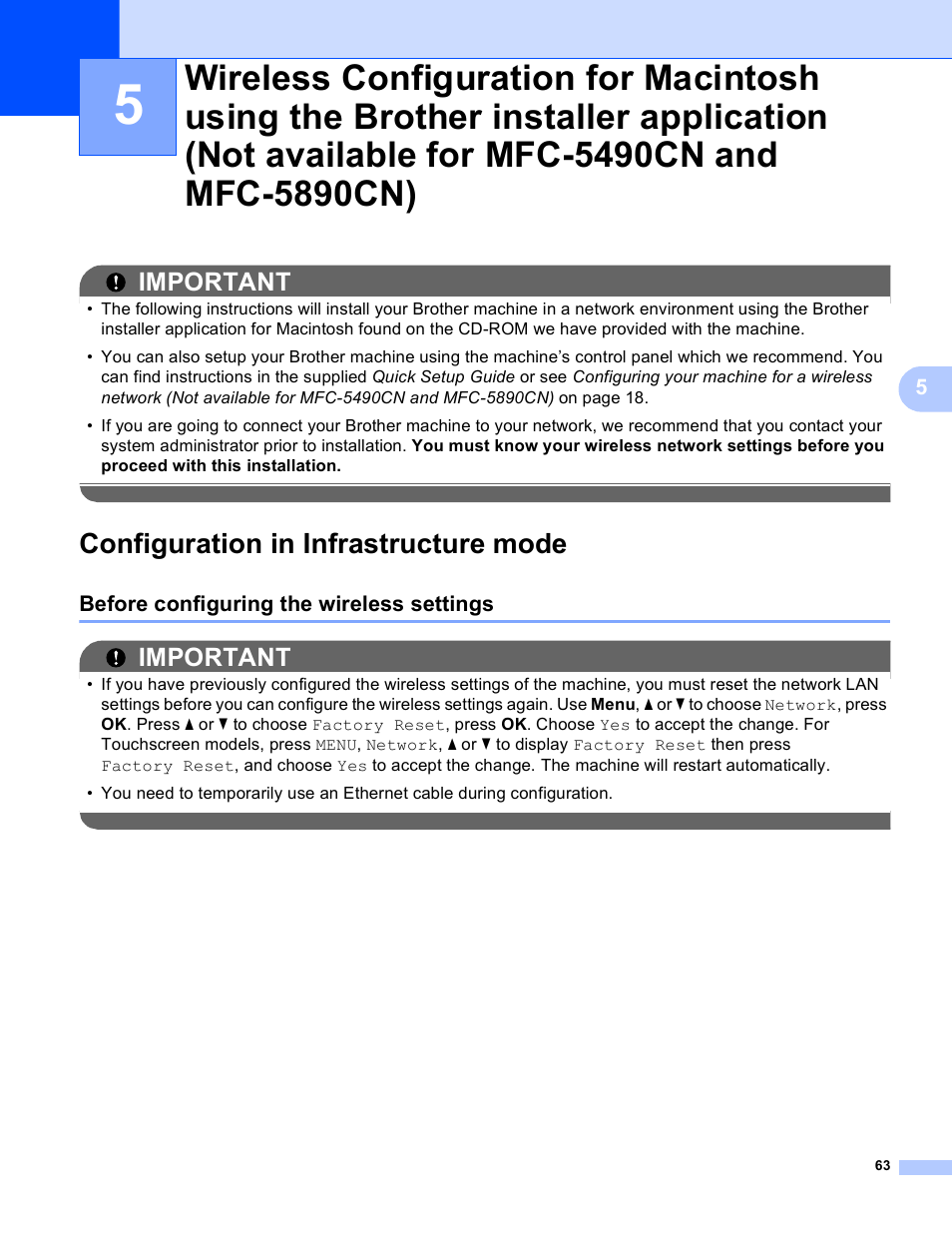 Configuration in infrastructure mode, Before configuring the wireless settings, Important | Brother MFC-5895CW User Manual | Page 73 / 209