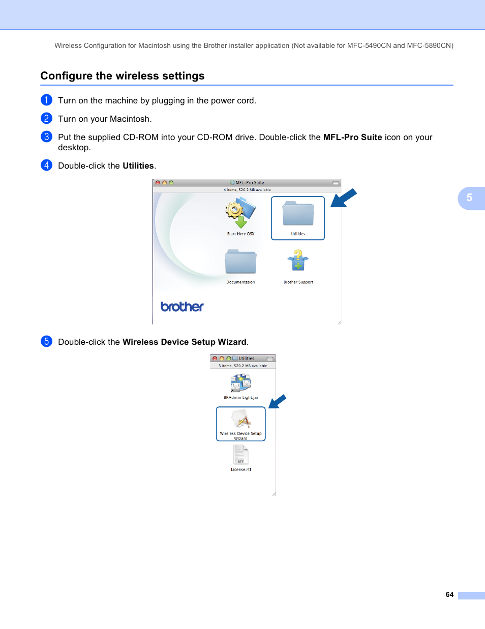 Configure the wireless settings, 5configure the wireless settings | Brother MFC-5895CW User Manual | Page 74 / 209