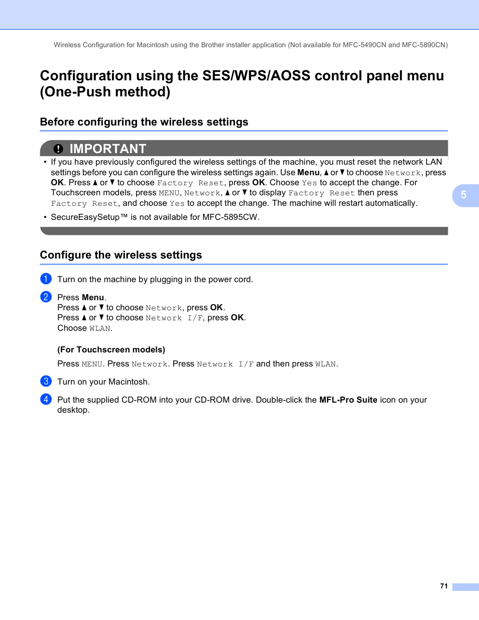 Before configuring the wireless settings, Configure the wireless settings, Important | Brother MFC-5895CW User Manual | Page 81 / 209