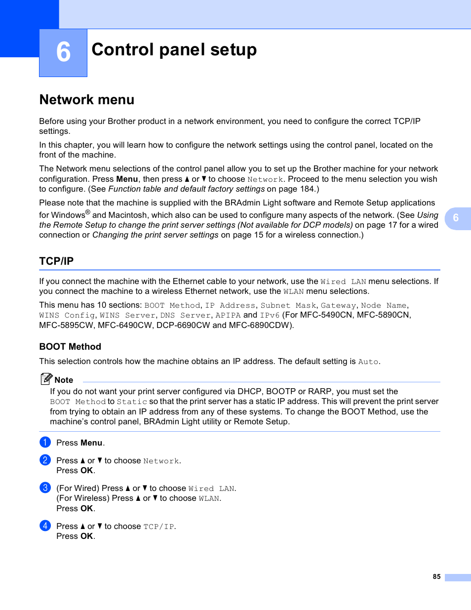 6 control panel setup, Network menu, Tcp/ip | Boot method, Control panel setup, Control | Brother MFC-5895CW User Manual | Page 95 / 209