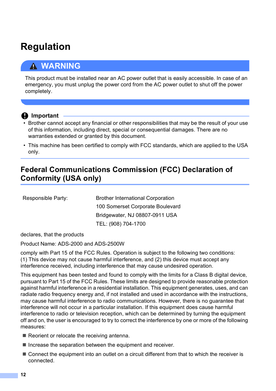 Regulation, Warning, Important | Brother ADS-2500W User Manual | Page 12 / 19