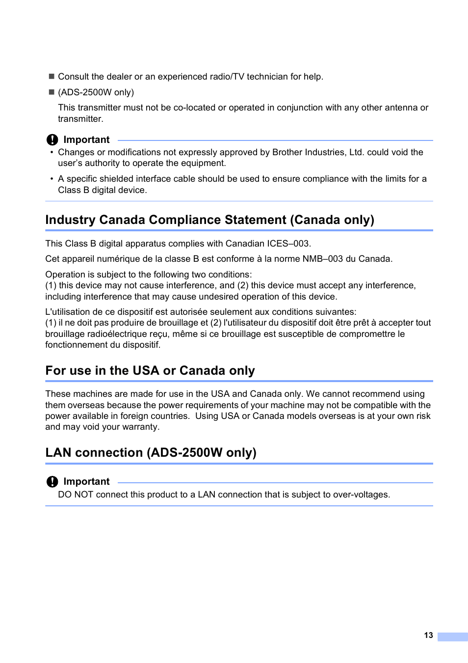 Industry canada compliance statement (canada only), For use in the usa or canada only, Lan connection (ads-2500w only) | Important | Brother ADS-2500W User Manual | Page 13 / 19
