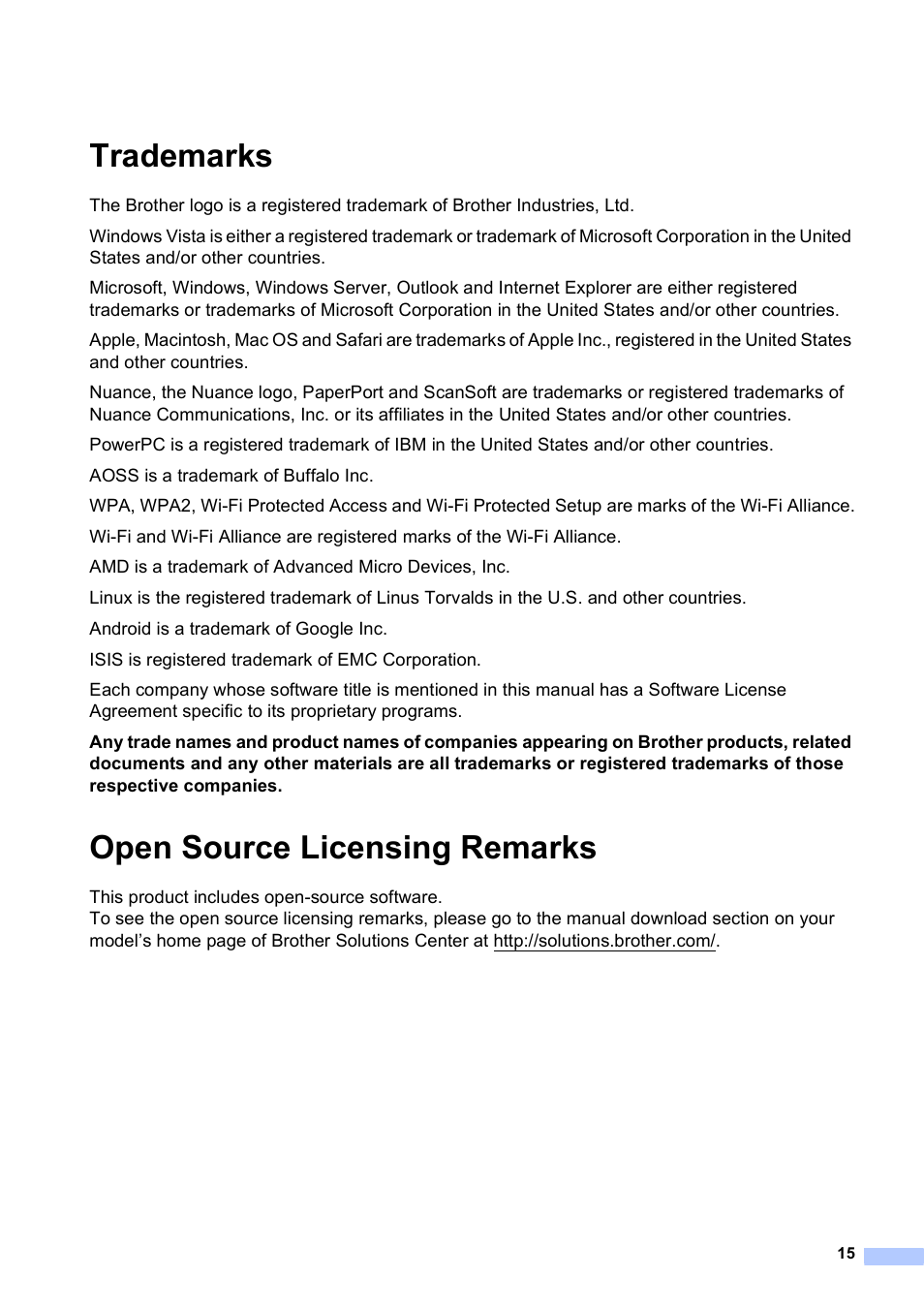 Trademarks, Open source licensing remarks | Brother ADS-2500W User Manual | Page 15 / 19