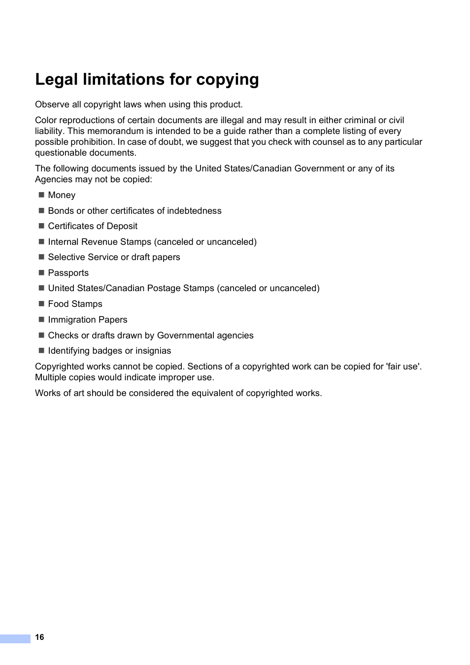 Legal limitations for copying | Brother ADS-2500W User Manual | Page 16 / 19
