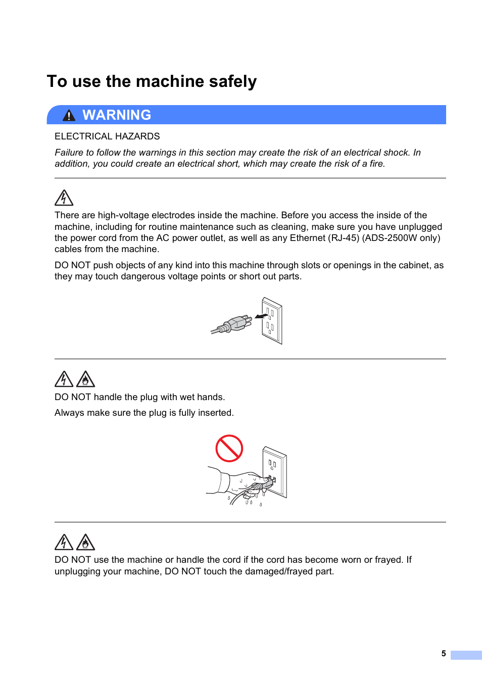To use the machine safely, Warning | Brother ADS-2500W User Manual | Page 5 / 19