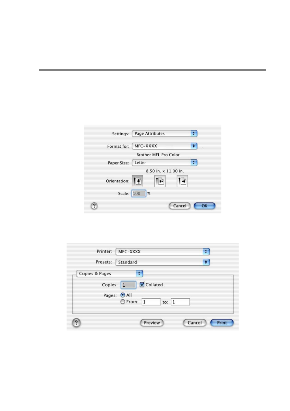 Using the brother printer driver with your apple, Macintosh, Mac os | X) -5, Choosing page setup options | Brother MFC-8640D User Manual | Page 120 / 179