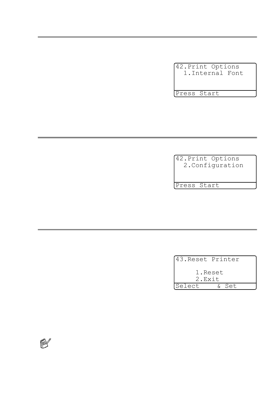 Printing the internal font list, Printing the print configuration list, Restoring factory default settings | Brother MFC-8640D User Manual | Page 25 / 179