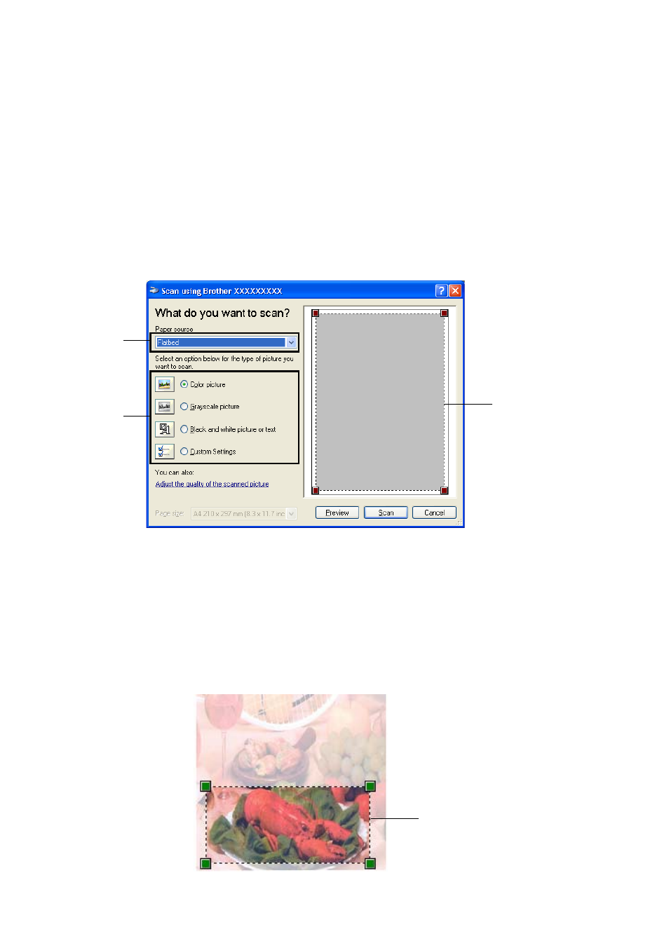 Prescanning to crop a portion you want to, Scan using the scanner glass -5 | Brother MFC-8640D User Manual | Page 52 / 179