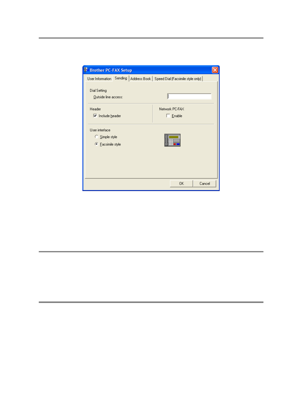 Sending setup, Outside line access, Include header | Brother MFC-8640D User Manual | Page 98 / 179