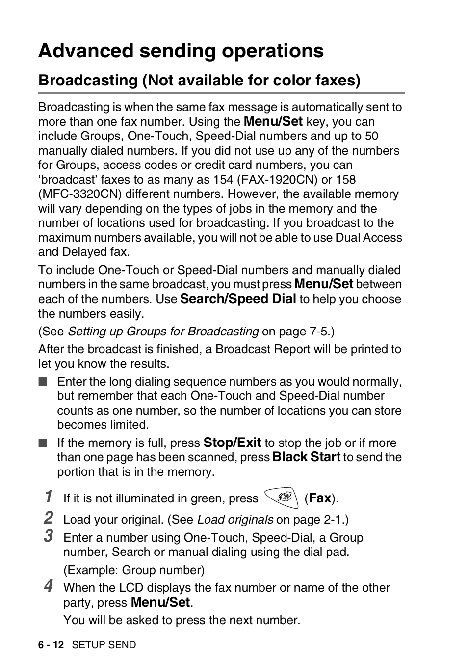 Advanced sending operations, Broadcasting (not available for color faxes), Advanced sending operations -12 | Broadcasting (not available for color faxes) -12 | Brother FAX 1920CN User Manual | Page 101 / 214