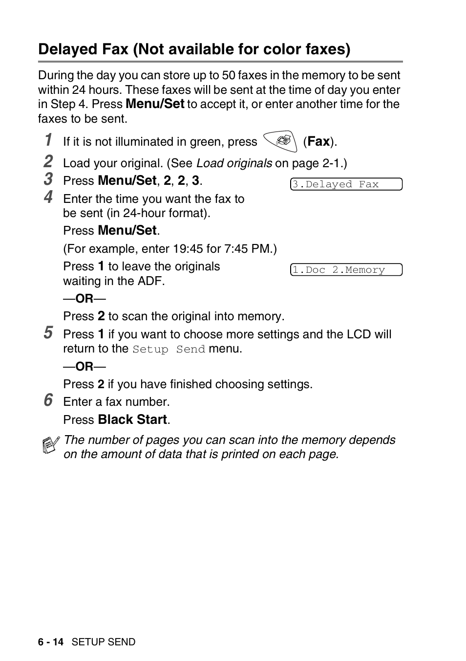 Delayed fax (not available for color faxes), Delayed fax (not available for color faxes) -14 | Brother FAX 1920CN User Manual | Page 103 / 214