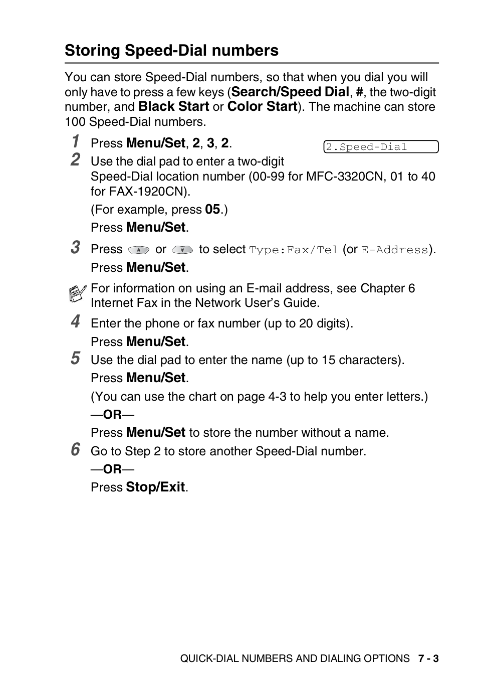 Storing speed-dial numbers, Storing speed-dial numbers -3 | Brother FAX 1920CN User Manual | Page 108 / 214