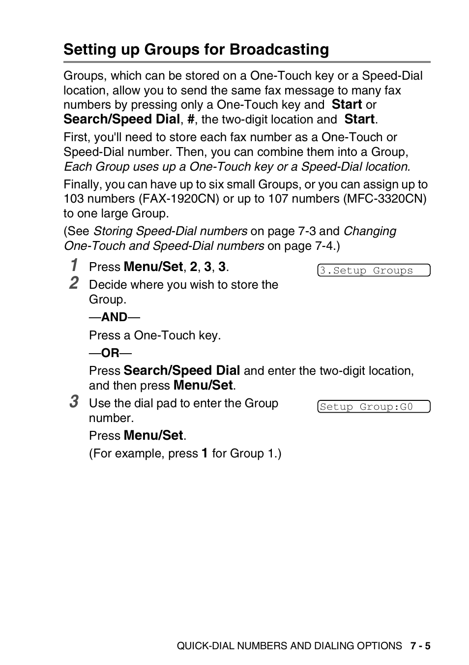 Setting up groups for broadcasting, Setting up groups for broadcasting -5 | Brother FAX 1920CN User Manual | Page 110 / 214