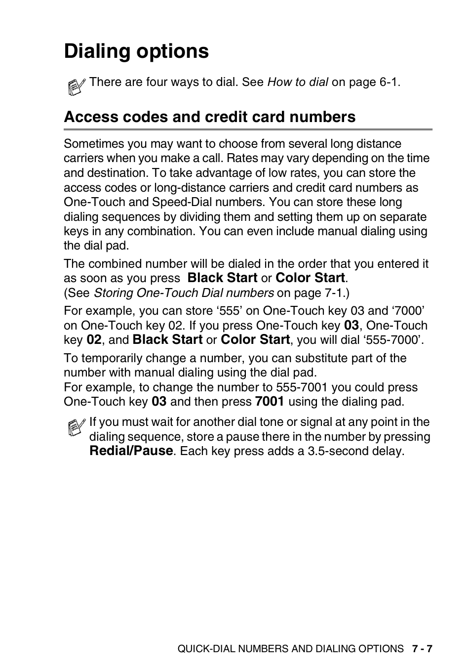 Dialing options, Access codes and credit card numbers, Dialing options -7 | Access codes and credit card numbers -7 | Brother FAX 1920CN User Manual | Page 112 / 214