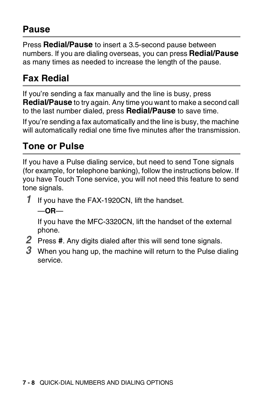 Pause, Fax redial, Tone or pulse | Pause -8 fax redial -8 tone or pulse -8 | Brother FAX 1920CN User Manual | Page 113 / 214