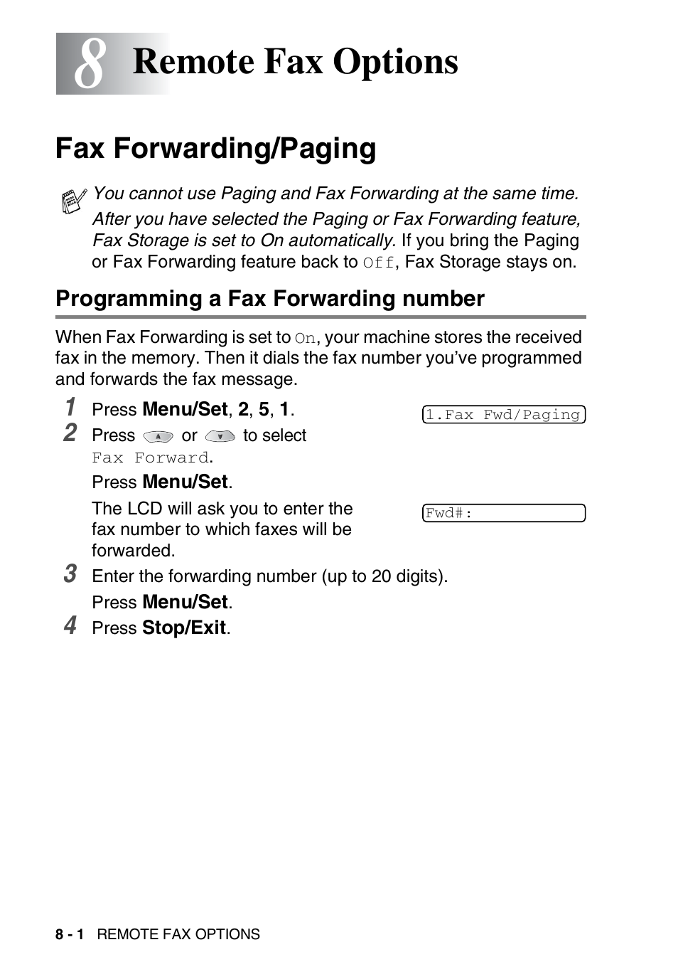 8 remote fax options, Fax forwarding/paging, Programming a fax forwarding number | Remote fax options -1, Fax forwarding/paging -1, Programming a fax forwarding number -1, Remote fax options | Brother FAX 1920CN User Manual | Page 115 / 214