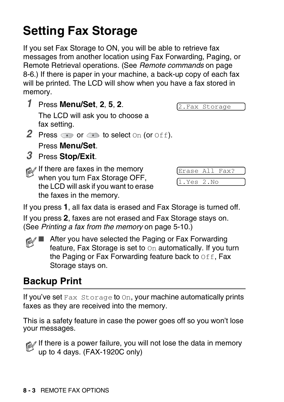 Setting fax storage, Backup print, Setting fax storage -3 | Backup print -3, So you won’t lose your messages -3 | Brother FAX 1920CN User Manual | Page 117 / 214