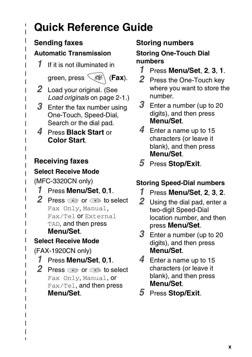 Quick reference guide, Sending faxes, Receiving faxes | Storing numbers | Brother FAX 1920CN User Manual | Page 12 / 214
