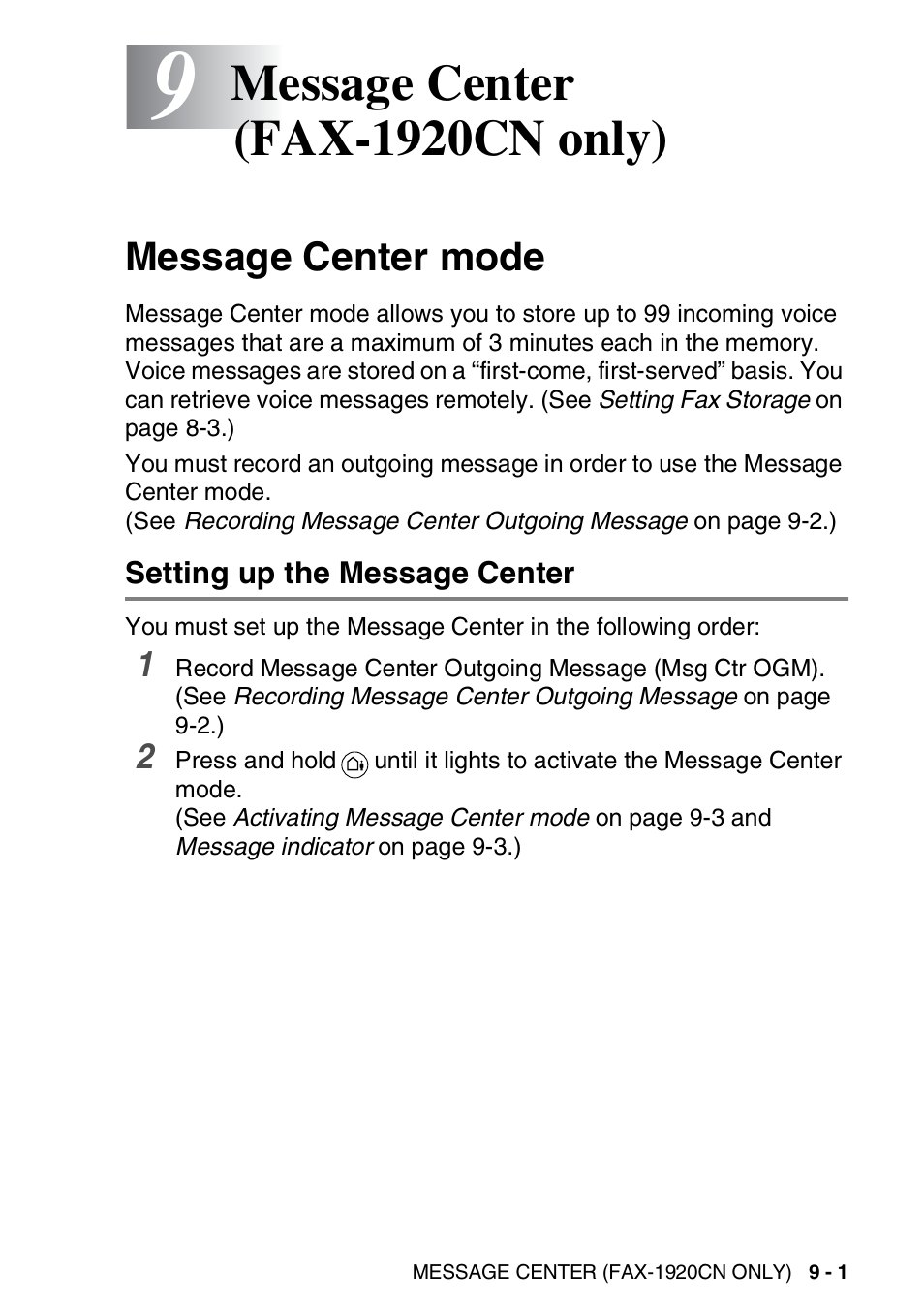 9 message center (fax-1920cn only), Message center mode, Setting up the message center | Message center (fax-1920cn only) -1, Message center mode -1, Setting up the message center -1, Message center (fax-1920cn only) | Brother FAX 1920CN User Manual | Page 124 / 214