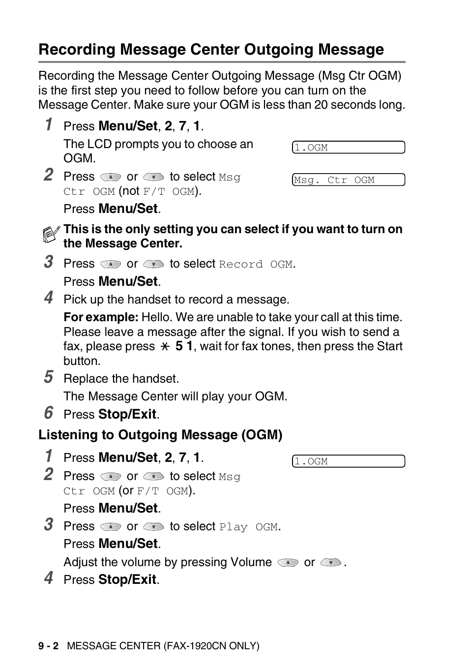Recording message center outgoing message, Listening to outgoing message (ogm), Recording message center outgoing message -2 | Listening to outgoing message (ogm) -2 | Brother FAX 1920CN User Manual | Page 125 / 214