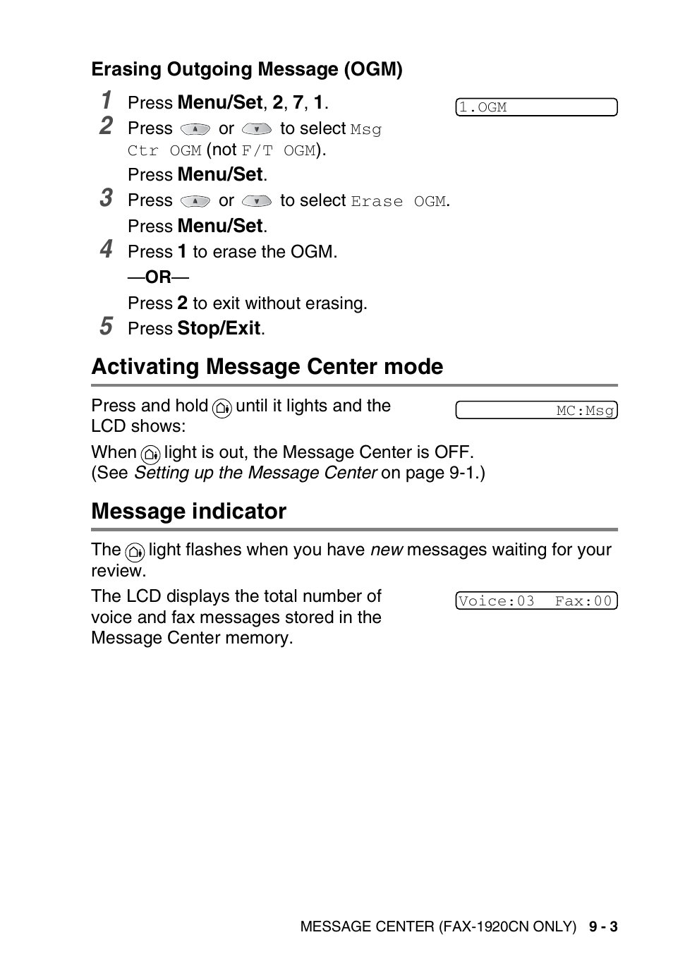 Erasing outgoing message (ogm), Activating message center mode, Message indicator | Erasing outgoing message (ogm) -3 | Brother FAX 1920CN User Manual | Page 126 / 214