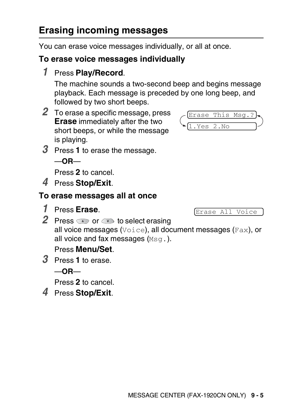 Erasing incoming messages, To erase voice messages individually, To erase messages all at once | Erasing incoming messages -5 | Brother FAX 1920CN User Manual | Page 128 / 214