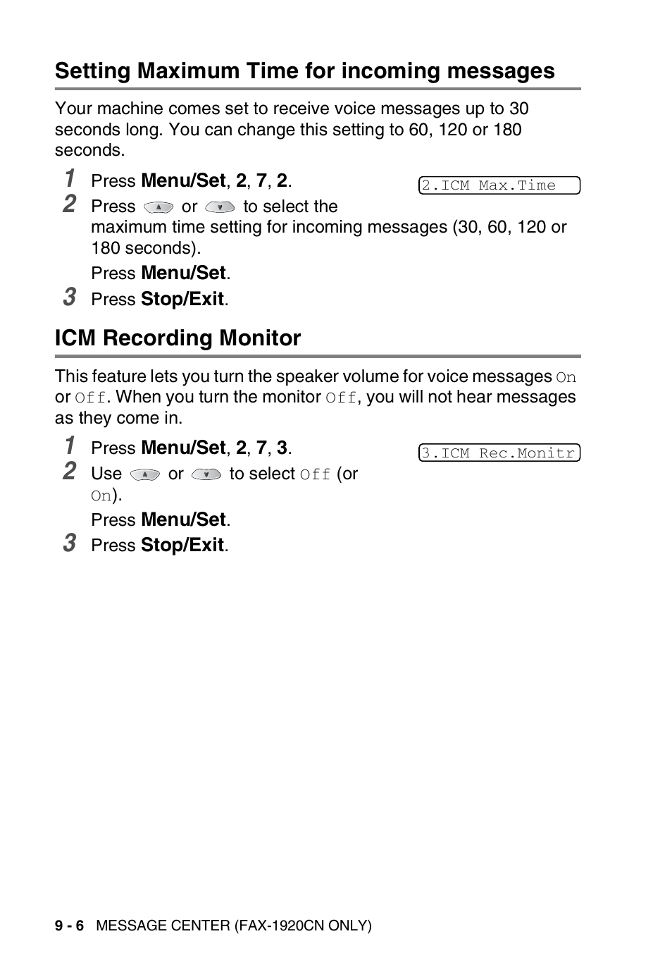 Setting maximum time for incoming messages, Icm recording monitor | Brother FAX 1920CN User Manual | Page 129 / 214