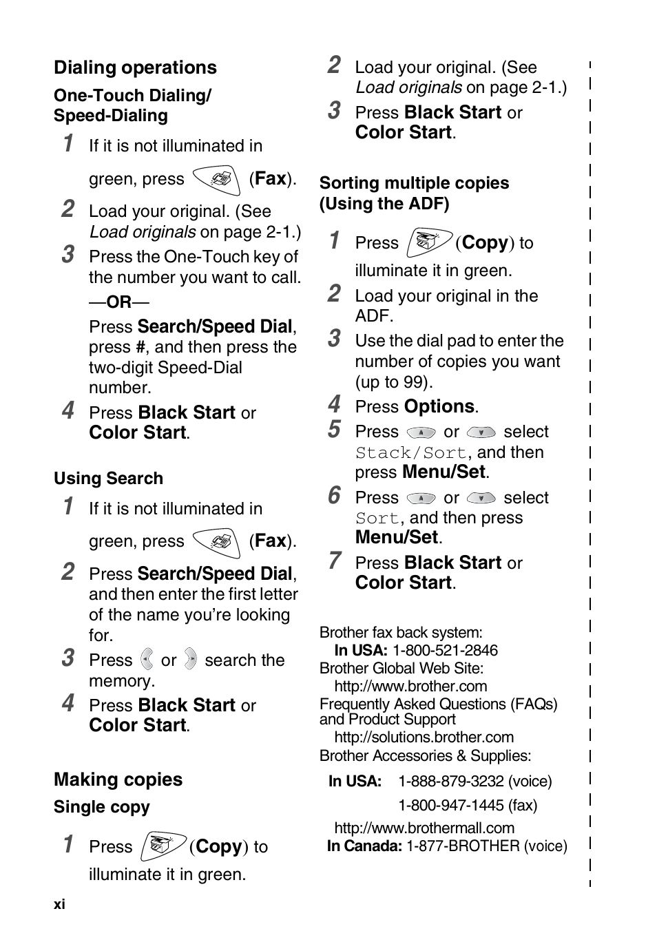 Dialing operations, Making copies | Brother FAX 1920CN User Manual | Page 13 / 214