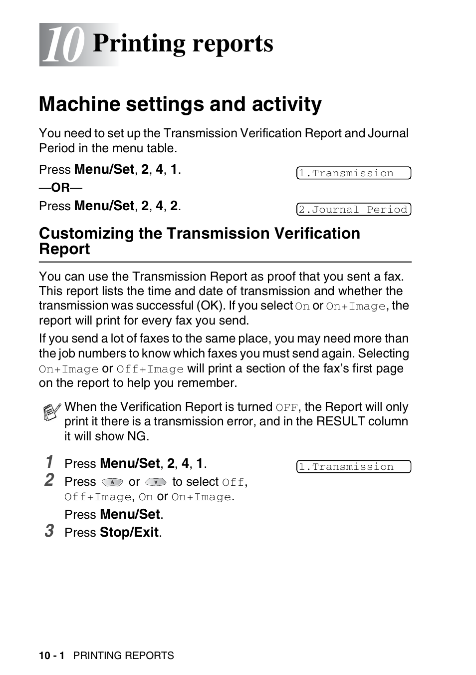 10 printing reports, Machine settings and activity, Customizing the transmission verification report | Printing reports -1, Machine settings and activity -1, Printing reports | Brother FAX 1920CN User Manual | Page 131 / 214