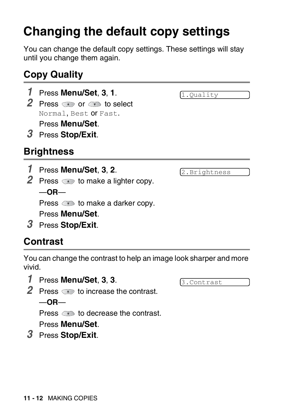 Changing the default copy settings, Copy quality, Brightness | Contrast, Changing the default copy settings -12, Copy quality -12 brightness -12 contrast -12 | Brother FAX 1920CN User Manual | Page 145 / 214