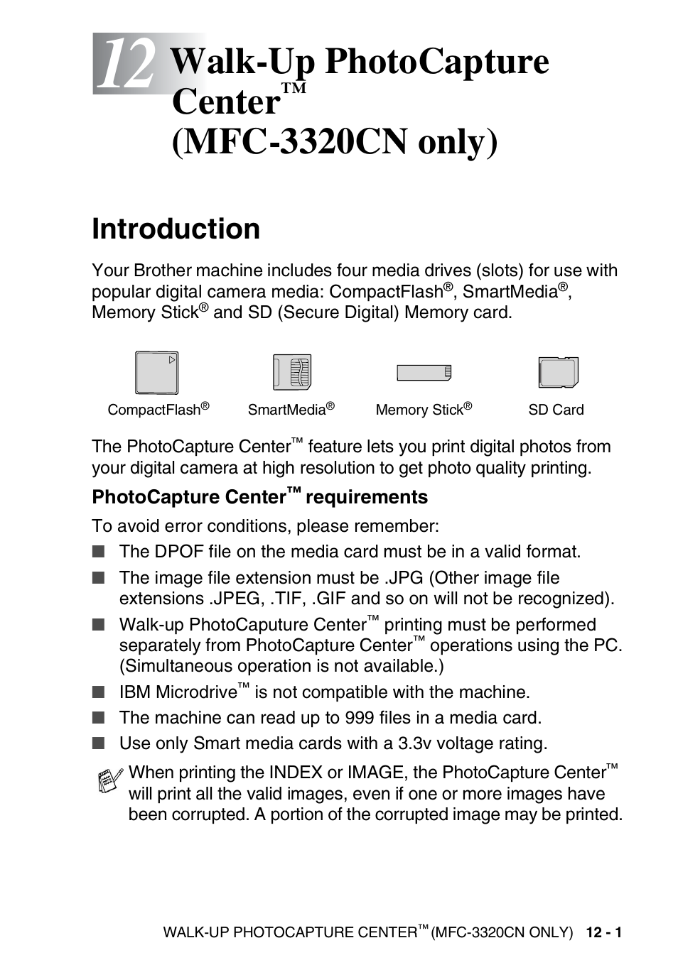 12 walk-up photocapture center™ (mfc-3320cn only), Introduction, Photocapture center™ requirements | Walk-up photocapture center, Mfc-3320cn only) -1, Introduction -1, Photocapture center, Requirements -1, Mfc-3320cn only) | Brother FAX 1920CN User Manual | Page 148 / 214
