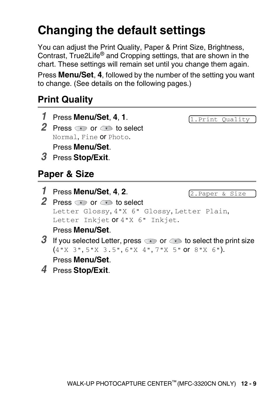 Changing the default settings, Print quality, Paper & size | Changing the default settings -9, Print quality -9 paper & size -9 | Brother FAX 1920CN User Manual | Page 156 / 214