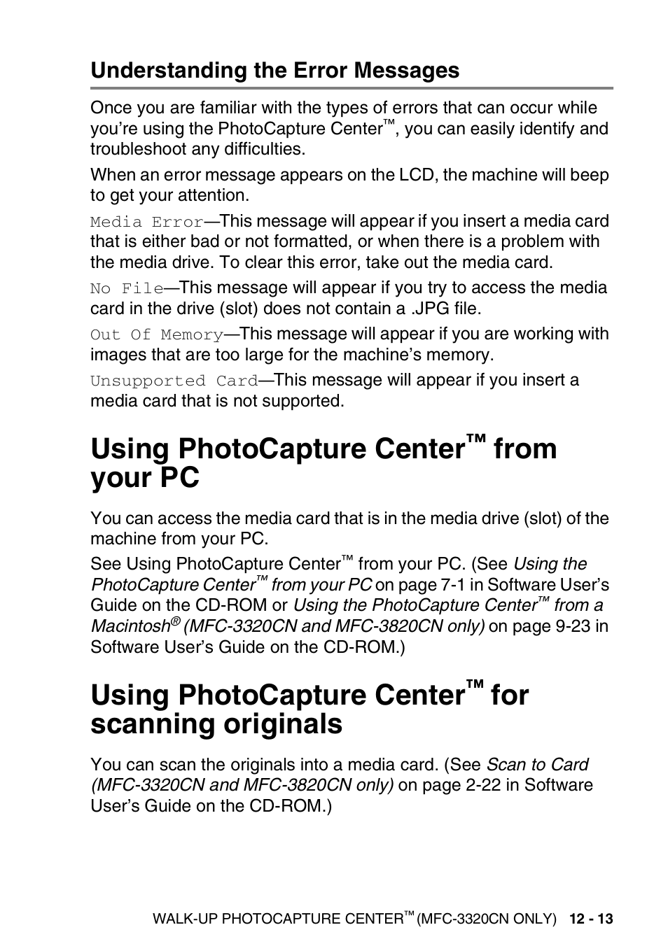 Understanding the error messages, Using photocapture center™ from your pc, Using photocapture center™ for scanning originals | Understanding the error messages -13, Using photocapture center, From your pc -13, For scanning originals -13, For scanning originals | Brother FAX 1920CN User Manual | Page 160 / 214