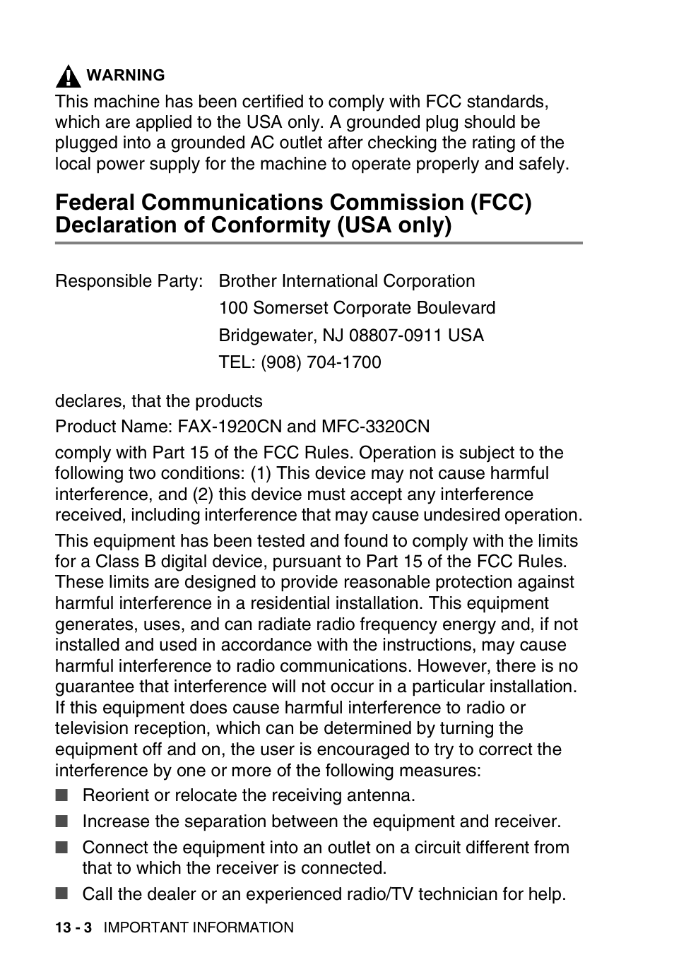 Of conformity (usa only) -3 | Brother FAX 1920CN User Manual | Page 163 / 214