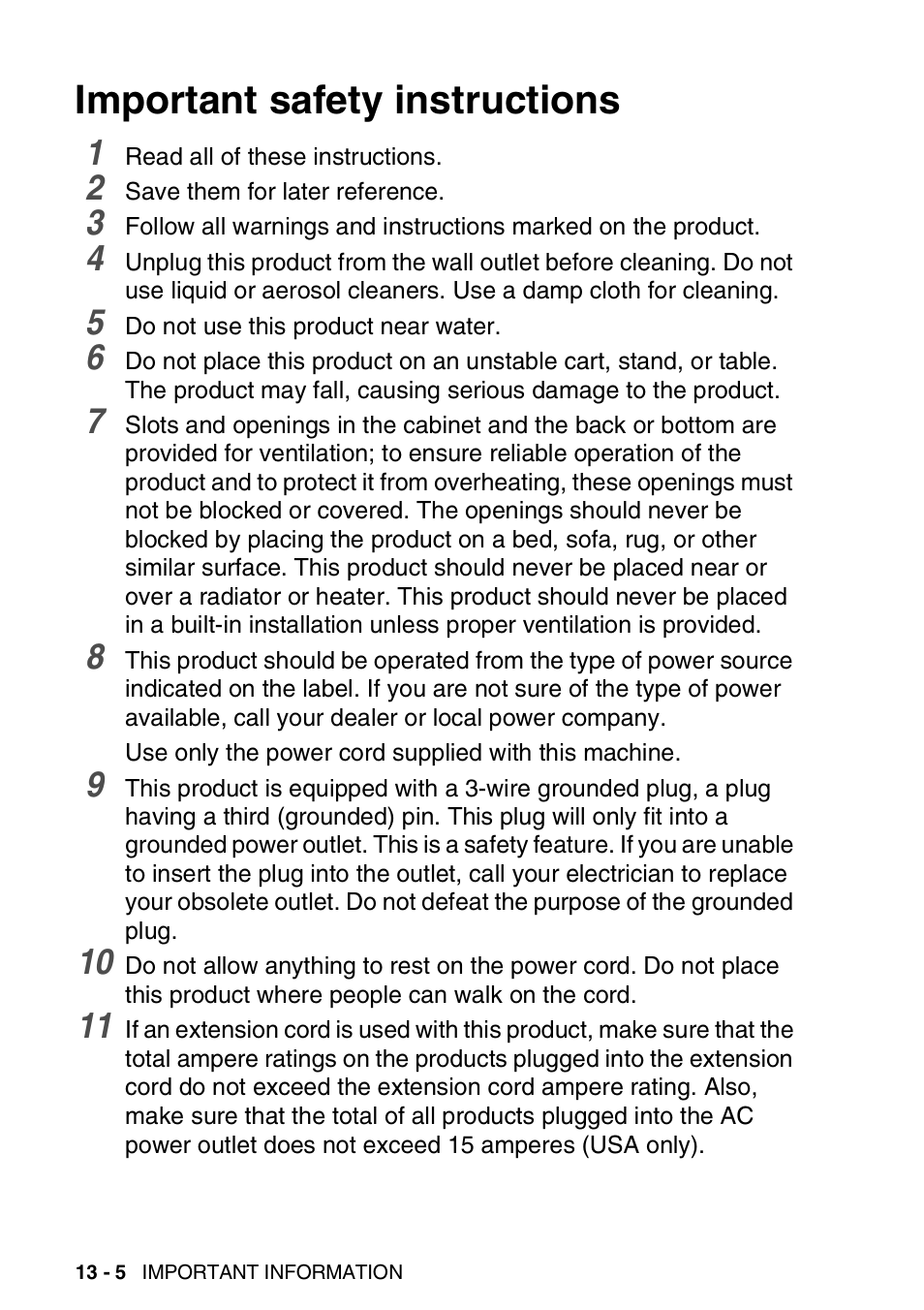 Important safety instructions, Important safety instructions -5 | Brother FAX 1920CN User Manual | Page 165 / 214